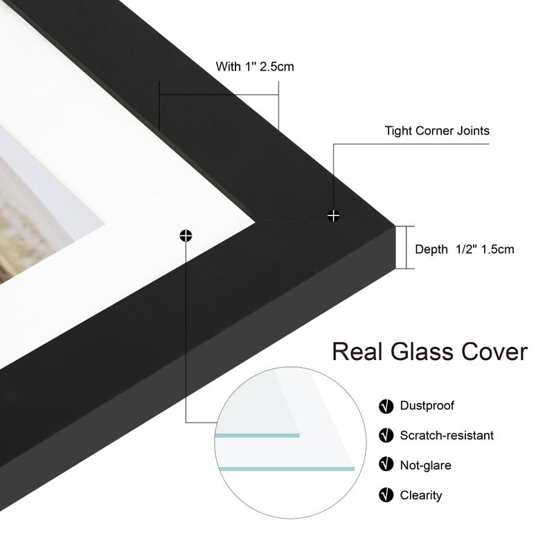 Hongkee 8x12 Picture Frame Set of 4, Made of Real Glass and Black Wooden Frame - Display 6x8 Picture with Mat or 8 x 12Poster Without Mat, 8 by 12 Photo for Wall or Tabletop - Image 3
